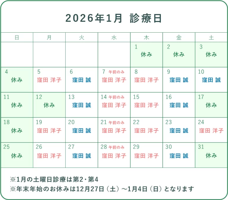 2026年1月の診察カレンダー
